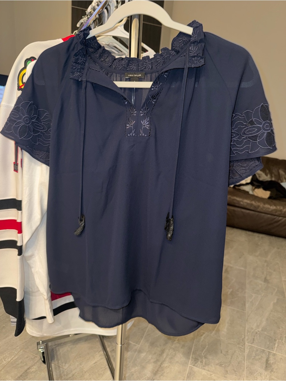 Ann Taylor Navy Embroidered Tie-Neck Short Sleeve Blouse